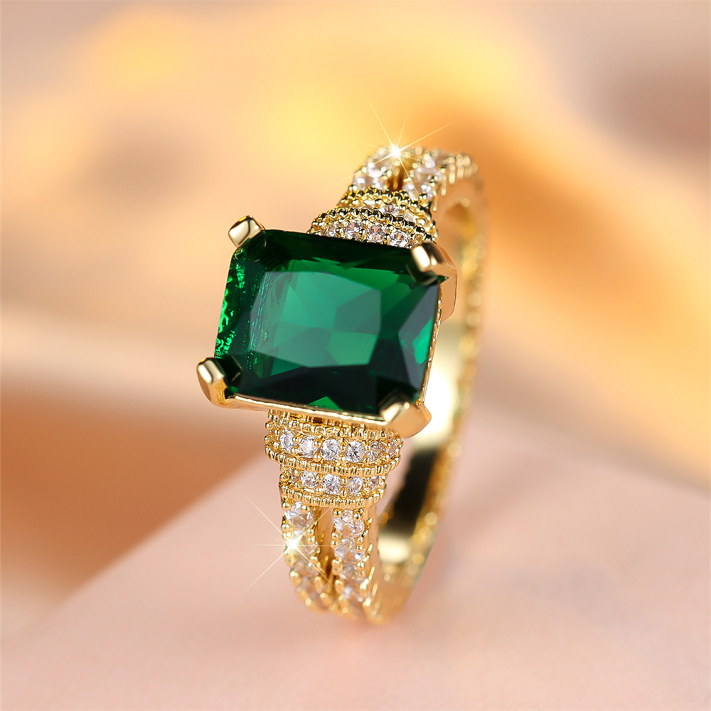 Birthstone Ring Set - Green Crystal Square Stone Engagement Rings