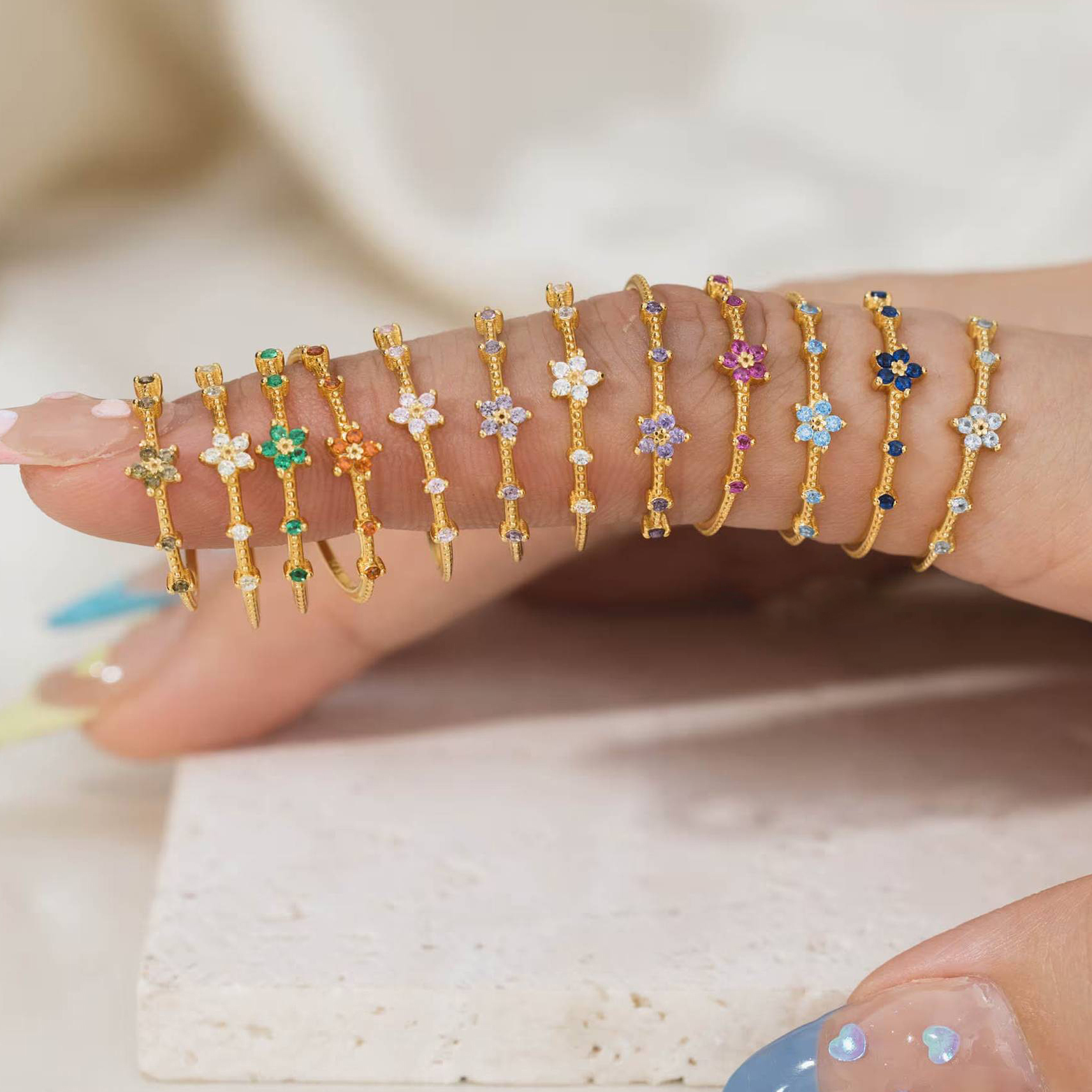 Birthstone Ring Set - Dainty Colorful Flower Crystal Birthstone Rings