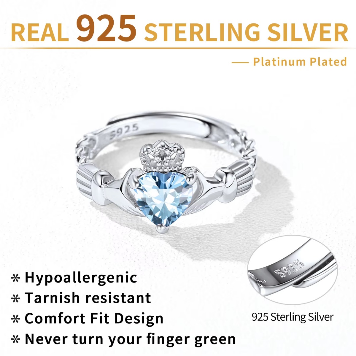 U7 3mm 925 Silver Claddagh Rin – Birthstone Ring Set Bewertung und Preis